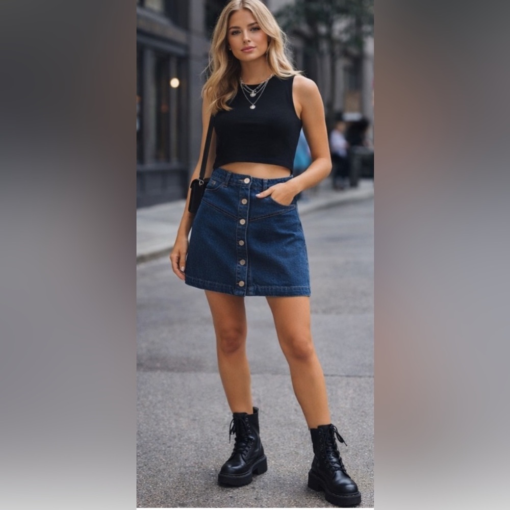 NWT Calvin Klein CK Button Front Medium Wash Denim Skirt Sz 28